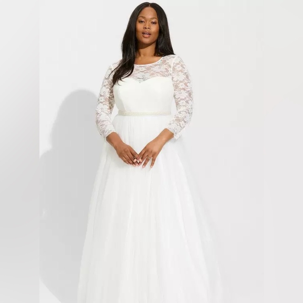 torrid White Lace Sleeve A-Line Tulle Wedding Dress